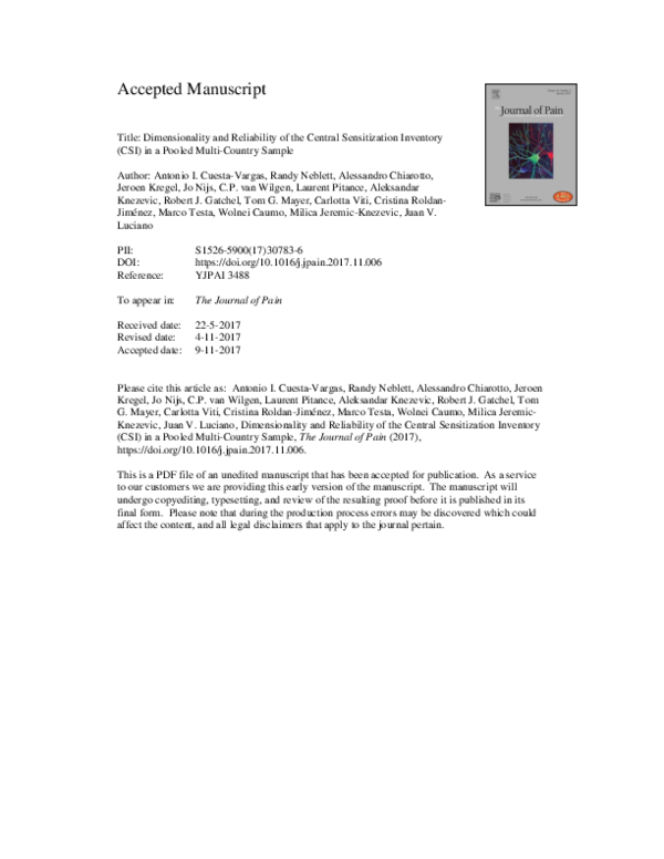 (PDF) Dimensionality and Reliability of the Central Sensitization ...