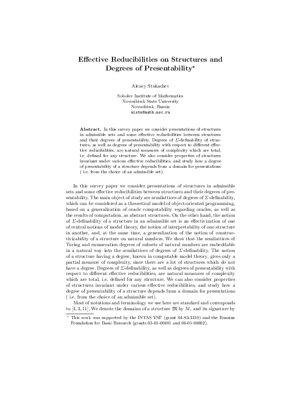 (PDF) Effective Reducibilities on Structures and Degrees of Presentability