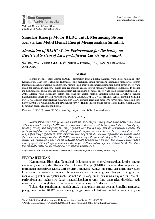 Simulasi Kinerja Motor BLDC untuk Merancang Sistem Kelistrikan Mobil Hemat Energi Menggunakan Simulink