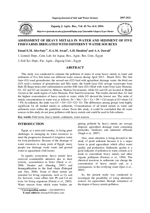 (PDF) Assessment of Heavy Metals in Water and Sediment of Five Fish ...