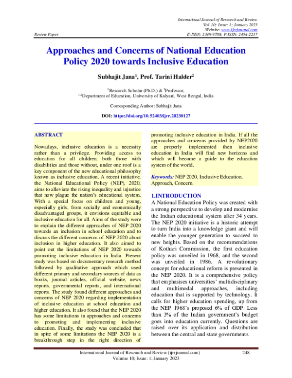 (PDF) Approaches and Concerns of National Education Policy 2020 towards ...