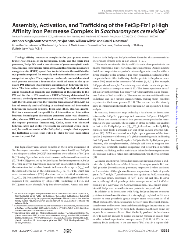 (PDF) Assembly, Activation, and Trafficking of the Fet3p·Ftr1p High ...