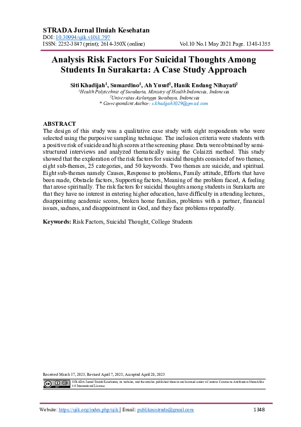 (PDF) Analysis Risk Factors For Suicidal Thoughts Among Students In ...