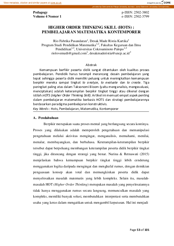 (PDF) Higher Order Thinking Skill (Hots) : Pembelajaran Matematika ...