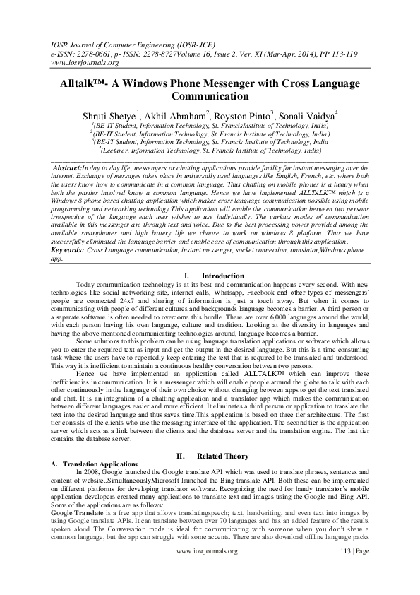 (PDF) Alltalk™- A Windows Phone Messenger with Cross Language Communication
