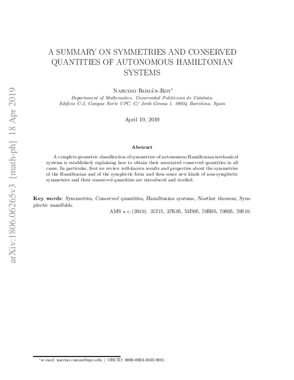 (PDF) A summary on symmetries and conserved quantities of autonomous ...