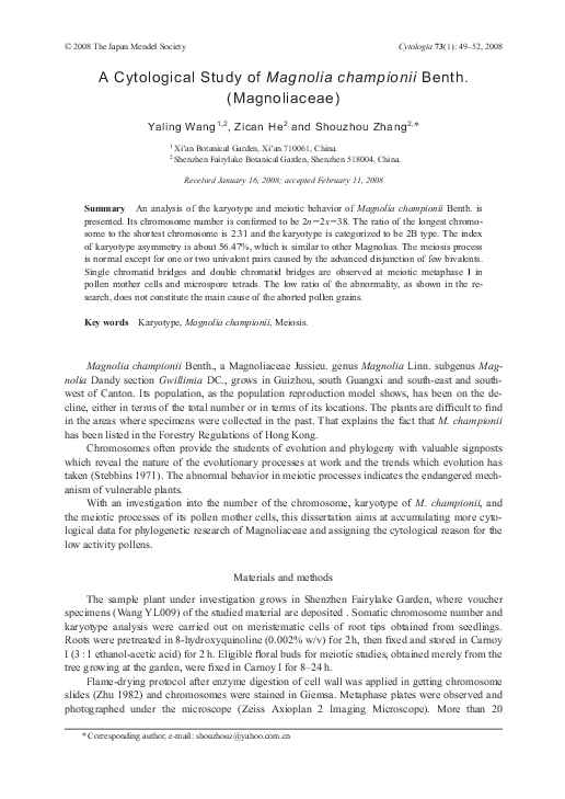 (PDF) A Cytological Study of Magnolia championii Benth. (Magnoliaceae ...