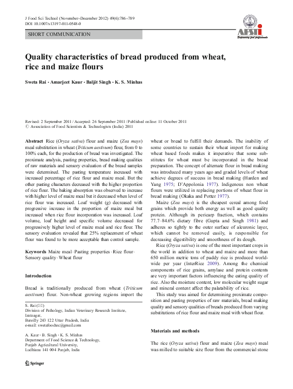 (PDF) Quality characteristics of bread produced from wheat, rice and ...