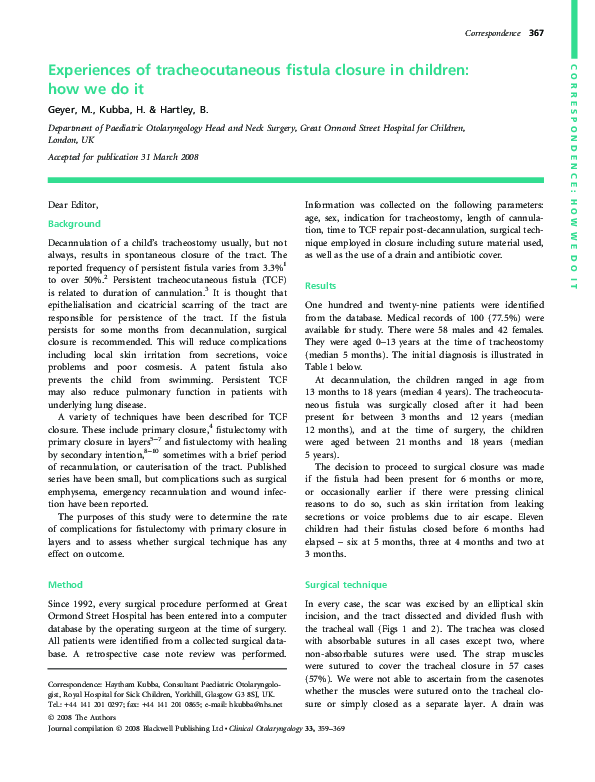 (PDF) Experiences of tracheocutaneous fistula closure in children: how ...