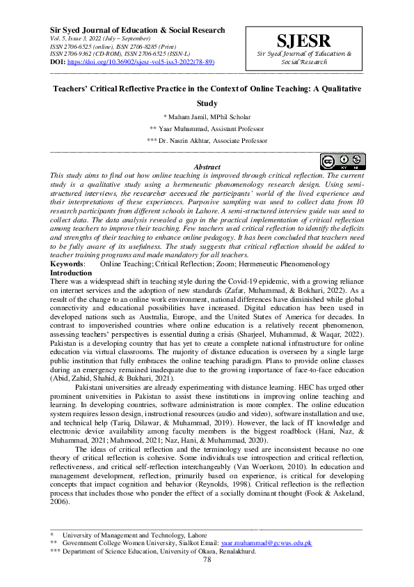 (PDF) Teachers’ Critical Reflective Practice in the Context of Online ...