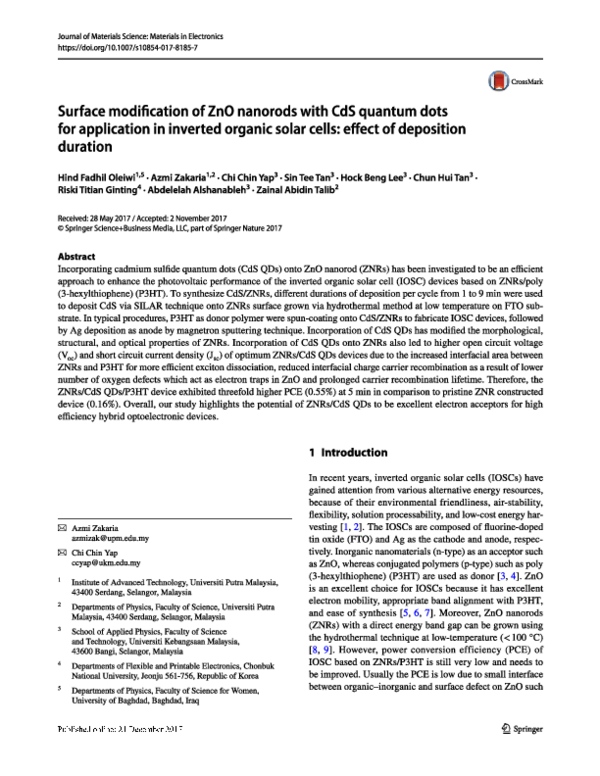 (PDF) Surface modification of ZnO nanorods with CdS quantum dots for ...
