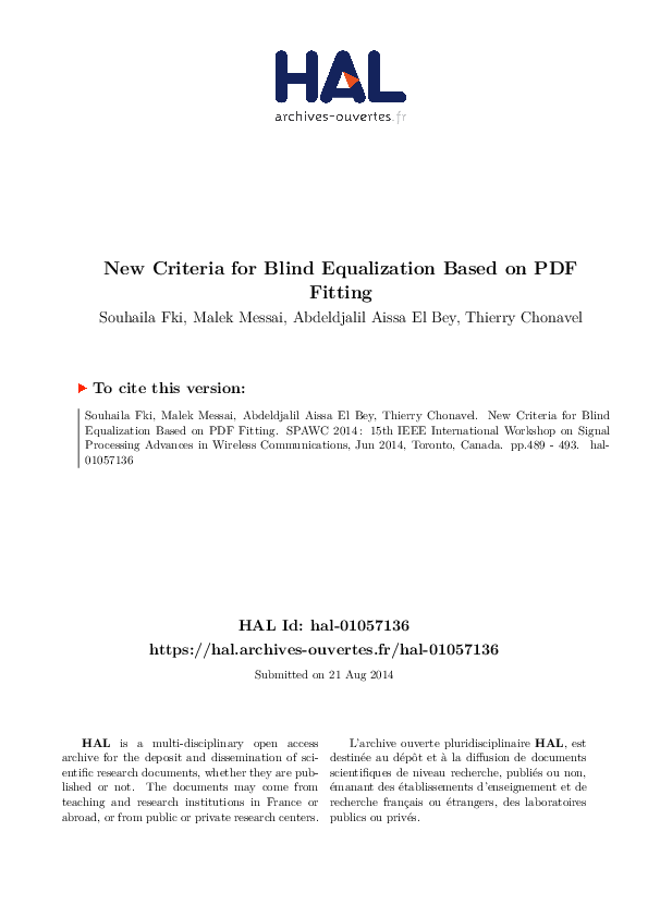 (PDF) New criteria for blind equalization based on PDF fitting
