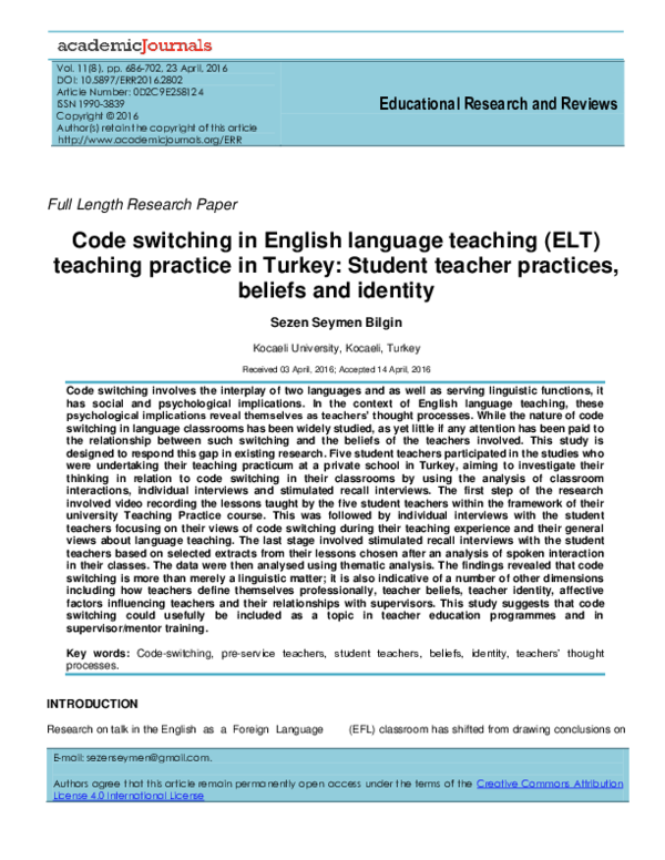 (PDF) Code switching in English language teaching (ELT) teaching ...