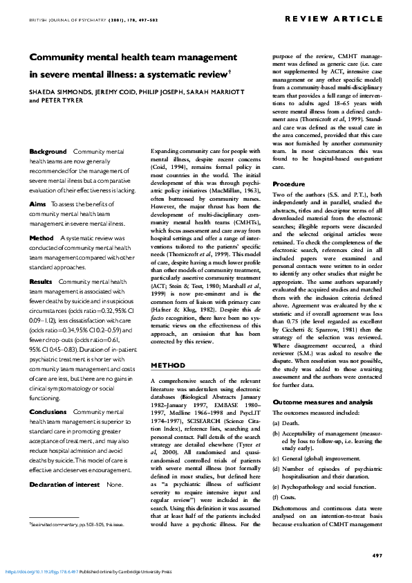 (PDF) Community mental health team management in severe mental illness ...