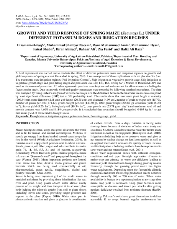 (PDF) GROWTH AND YIELD RESPONSE OF SPRING MAIZE (Zea mays L.) TO ...