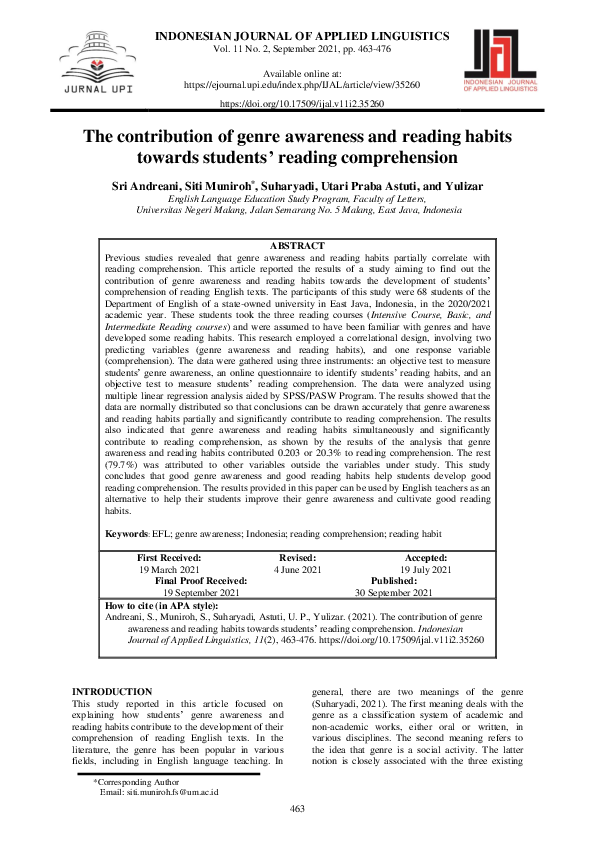 (PDF) The Contribution of Genre Awareness and Reading Habits Towards ...