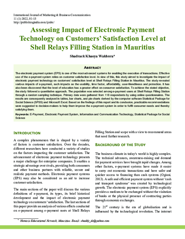 (PDF) Assessing Impact of Electronic Payment Technology on Customers