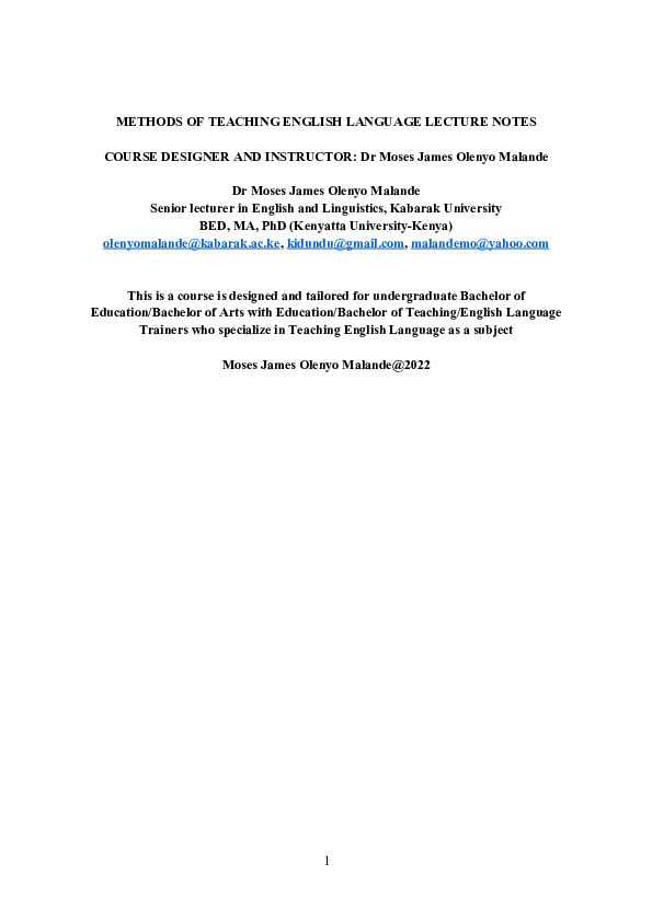 (DOC) METHODS OF TEACHING ENGLISH LANGUAGE LECTURE NOTES
