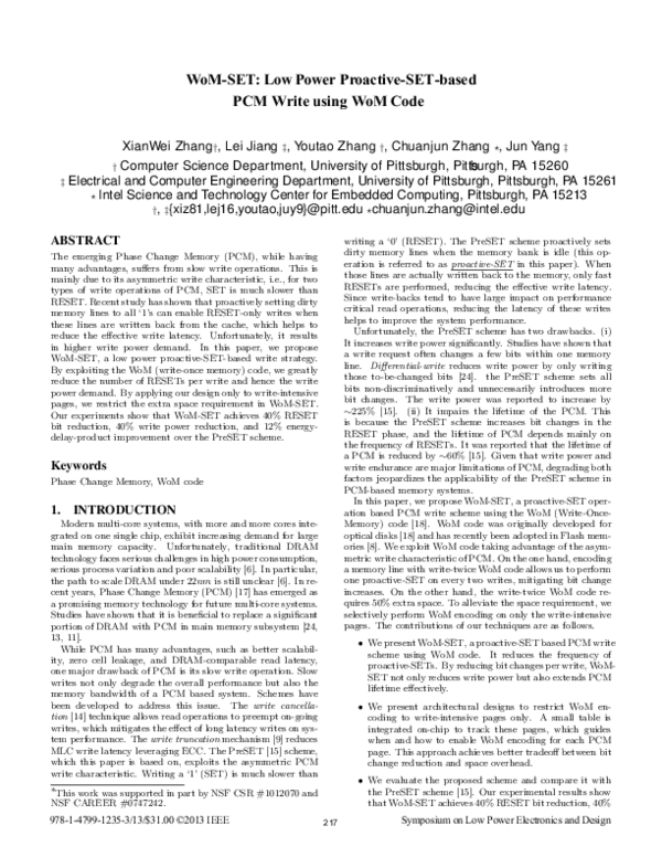 (PDF) WoM-SET: Low power proactive-SET-based PCM write using WoM code