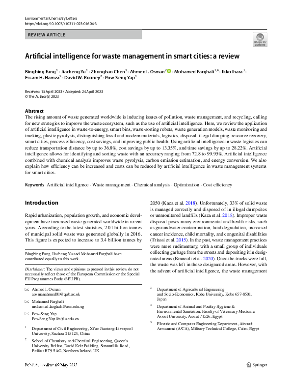 (PDF) Artificial intelligence for waste management in smart cities: a ...