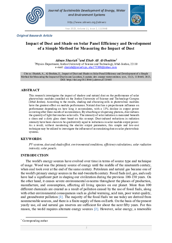 (PDF) Impact of Dust and Shade on Solar Panel Efficiency and ...