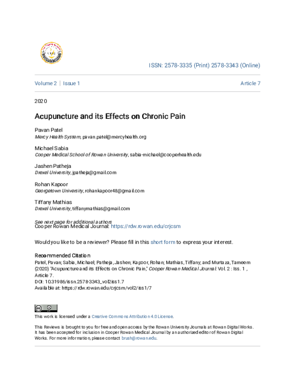 (PDF) Acupuncture and its Effects on Chronic Pain