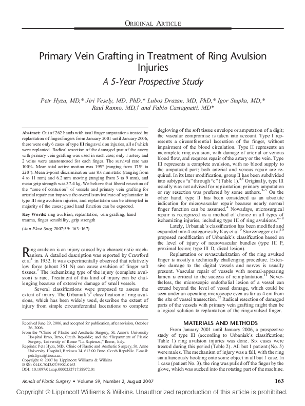 (PDF) Primary Vein Grafting in Treatment of Ring Avulsion Injuries