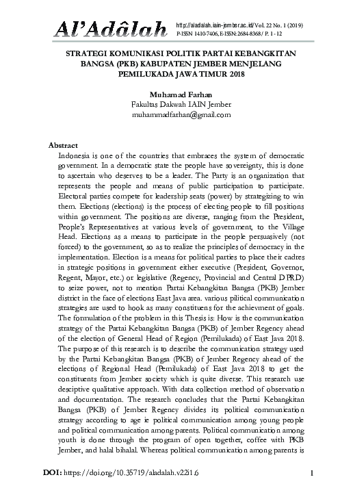 Strategi Komunikasi Politik Partai Kebangkitan Bangsa (PKB) Kabupaten Jember Menjelang Pemilukada Jawa Timur 2018