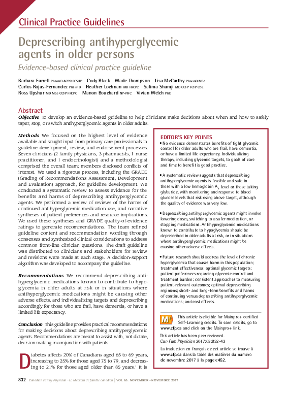 (PDF) Deprescribing antihyperglycemic agents in older persons: Evidence ...