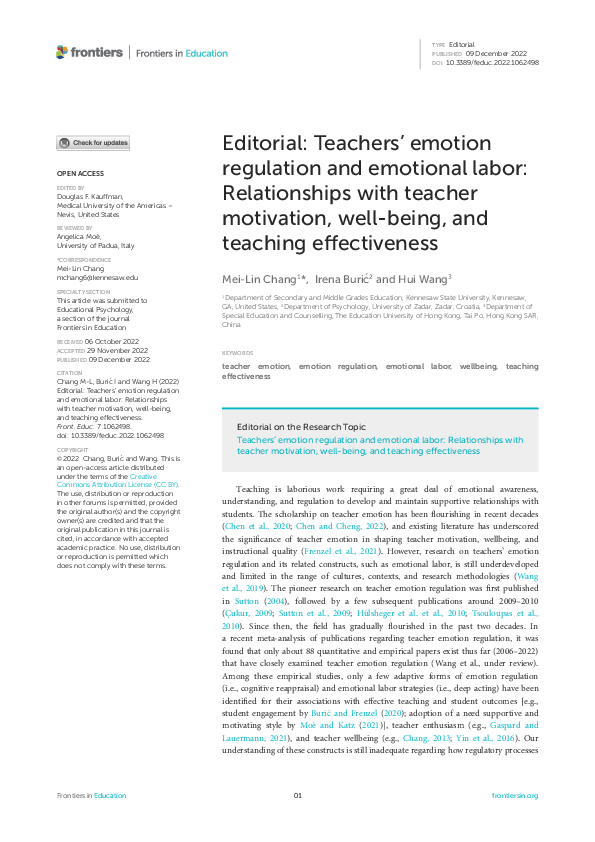(PDF) Editorial: Teachers' emotion regulation and emotional labor ...