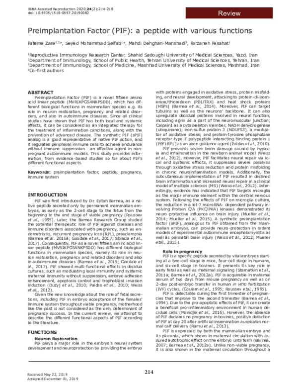 (PDF) Preimplantation Factor (PIF): a peptide with various functions