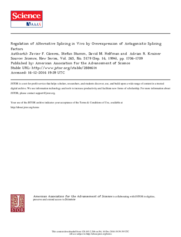 (PDF) Regulation of Alternative Splicing in Vivo by Overexpression of ...