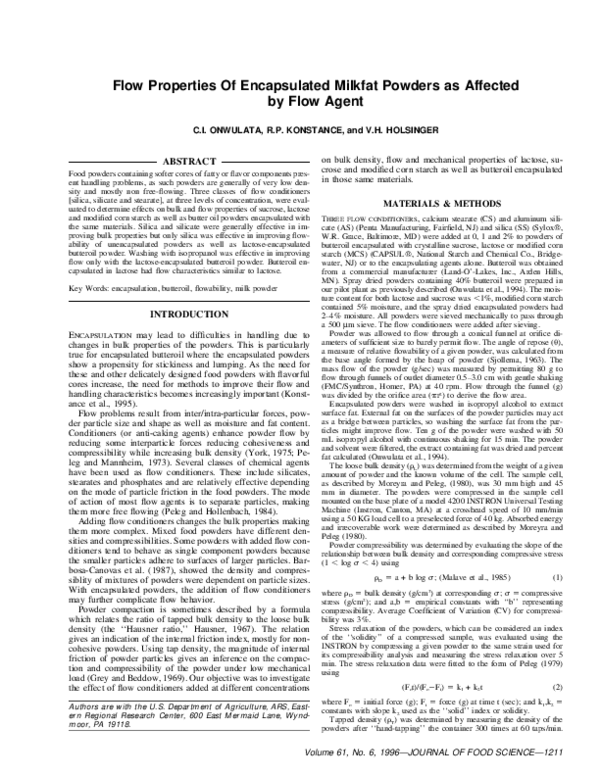 (PDF) Flow Properties Of Encapsulated Milkfat Powders as Affected by ...