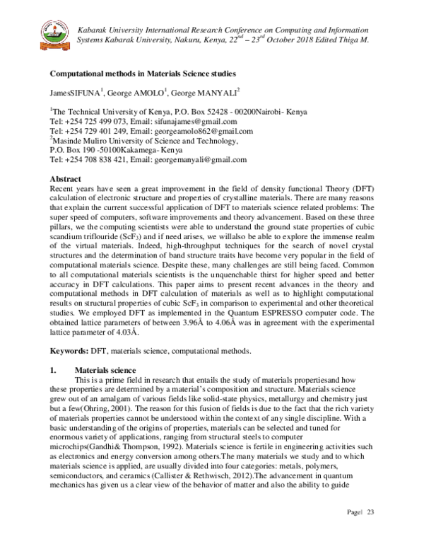 (PDF) Computational methods in Materials Science studies