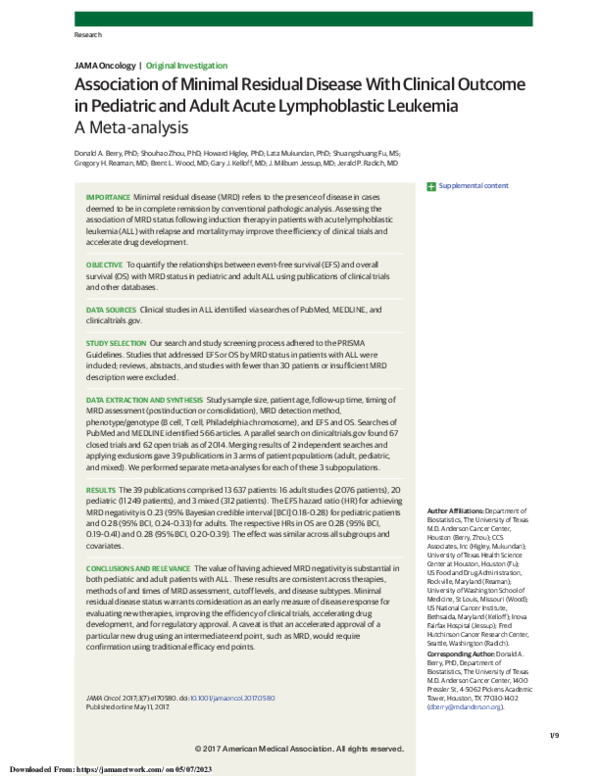 (PDF) Association of Minimal Residual Disease With Clinical Outcome in ...