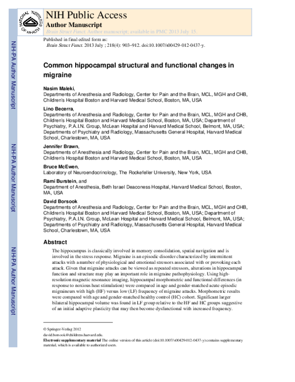 (PDF) Common hippocampal structural and functional changes in migraine