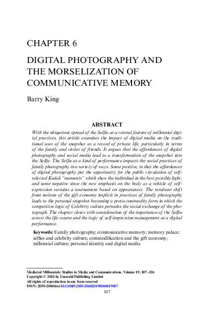 (PDF) DIGITAL PHOTOGRAPHY AND THE MORSELIZATION OF COMMUNICATIVE MEMORY
