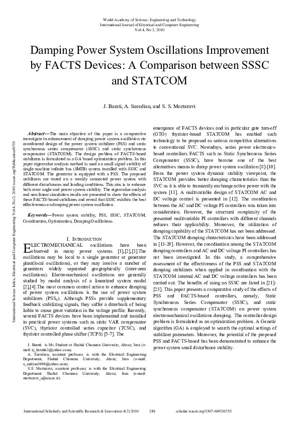 (PDF) Damping Power System Oscillations Improvement By Facts Devices A Comparison Between Sssc
