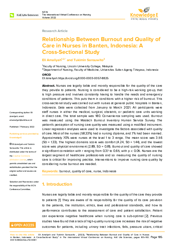 (PDF) Relationship Between Burnout and Quality of Care in Nurses in ...