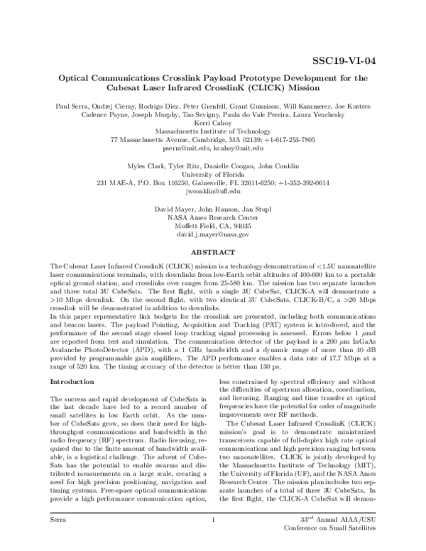 (PDF) Optical Communications Crosslink Payload Prototype Development