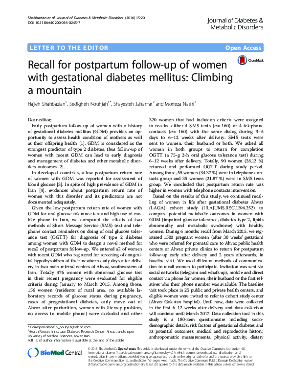 (PDF) Recall for postpartum follow-up of women with gestational ...
