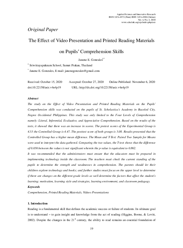 (PDF) The Effect of Video Presentation and Printed Reading Materials on ...