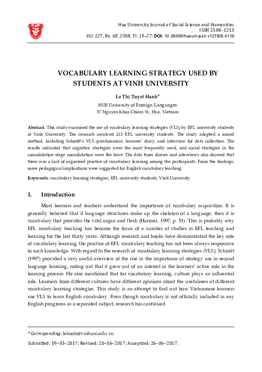 (PDF) Vocabulary Learning Strategy Use Among Efl University Students in ...