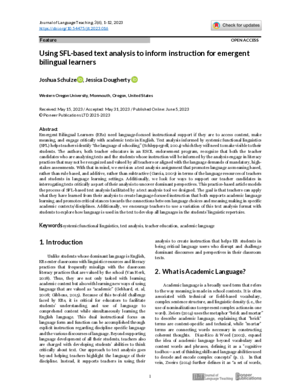 (PDF) Using SFL-based text analysis to inform instruction for emergent ...