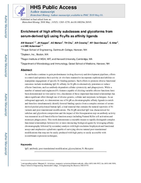 (PDF) Enrichment of high affinity subclasses and glycoforms from serum ...
