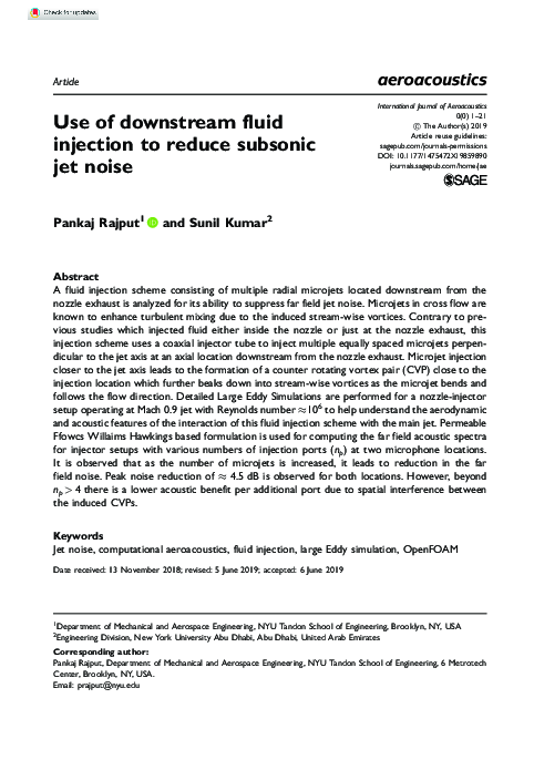 (PDF) Use of downstream fluid injection to reduce subsonic jet noise