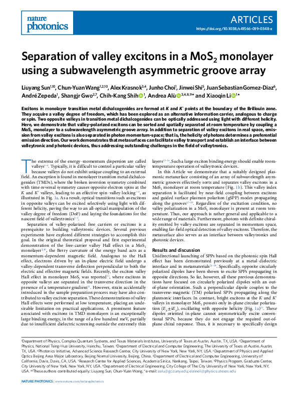 (PDF) Separation of valley excitons in a MoS2 monolayer using a ...