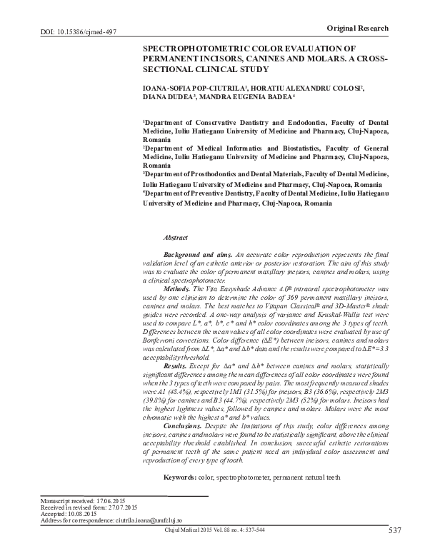 (PDF) Spectrophotometric color evaluation of permanent incisors
