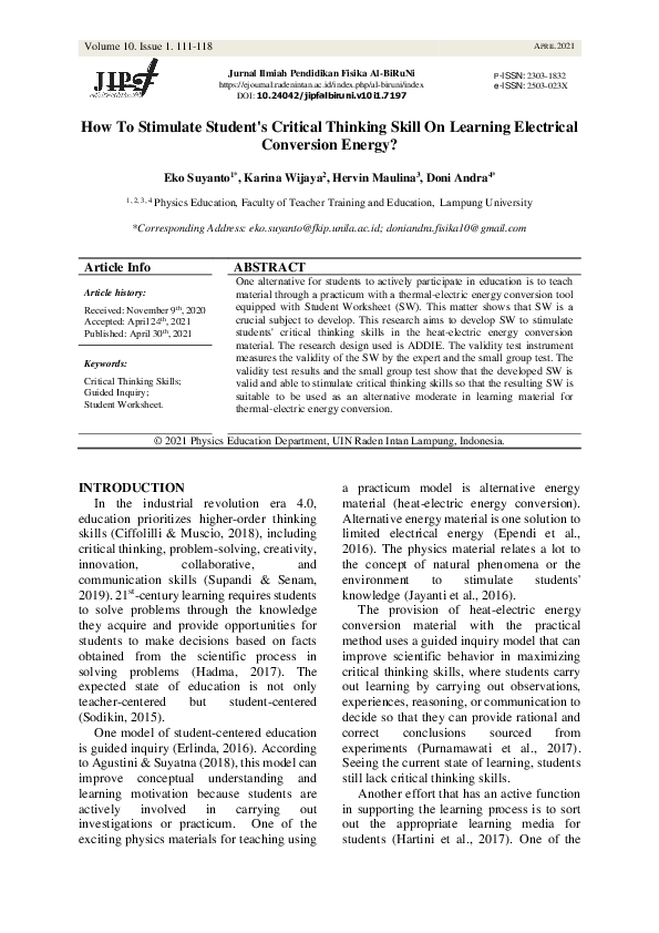 (PDF) How To Stimulate Student's Critical Thinking Skill On Learning ...