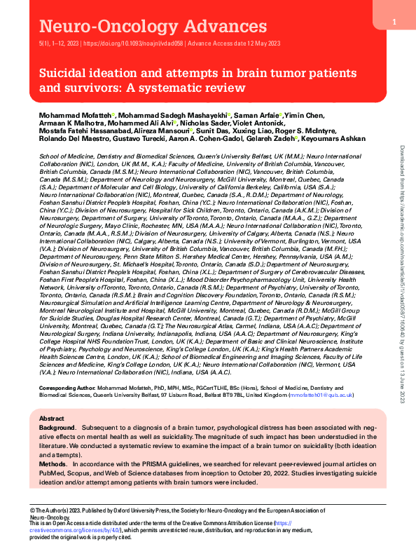 (PDF) Suicidal ideation and attempts in brain tumor patients and ...